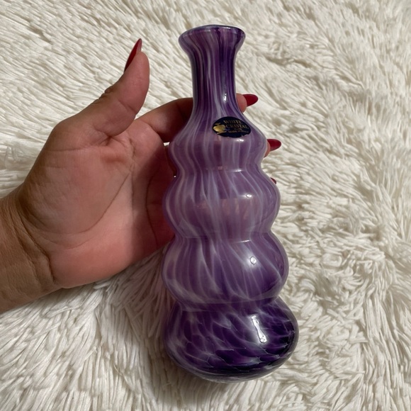 White Crystal Bottle Vase Made In Italy Purple & White Stripes Swirls Tapered - Picture 2 of 6